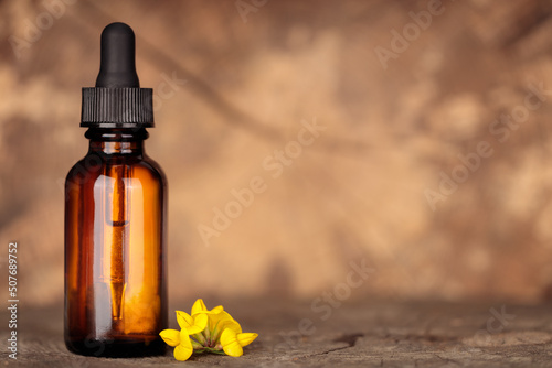 A bottle with a dropper and a wildflower  herb. Mock-up  space for description. Alternative medicine  mockup.