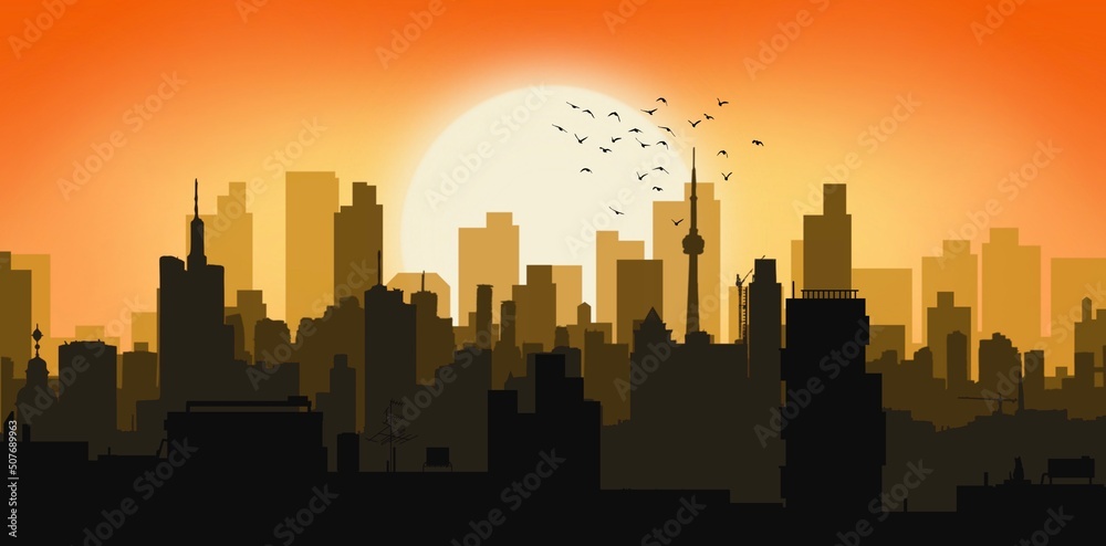 Modern buildings in downtown of capital city illustration, Civilized city with moon at night on red background illustration, Cityscape with high tower silhouette background 