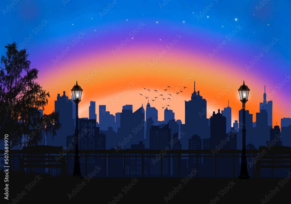Modern buildings in downtown of capital city illustration, Civilized city with moon at night on red background illustration, Cityscape with high tower silhouette background 