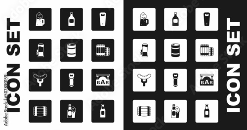 Set Bottle opener, Metal beer keg, Beer tap, Wooden mug, barrel, bottle, Street signboard with Bar and Sausage on the fork icon. Vector