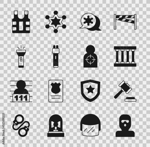 Set Thief mask, Judge gavel, Prison window, Hexagram sheriff, Police electric shocker, Flashlight, Bulletproof vest and Human target sport for shooting icon. Vector