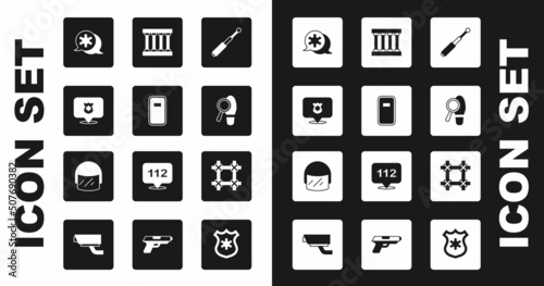 Set Telescopic baton, Police assault shield, badge, Hexagram sheriff, Footsteps, Prison window, and helmet icon. Vector
