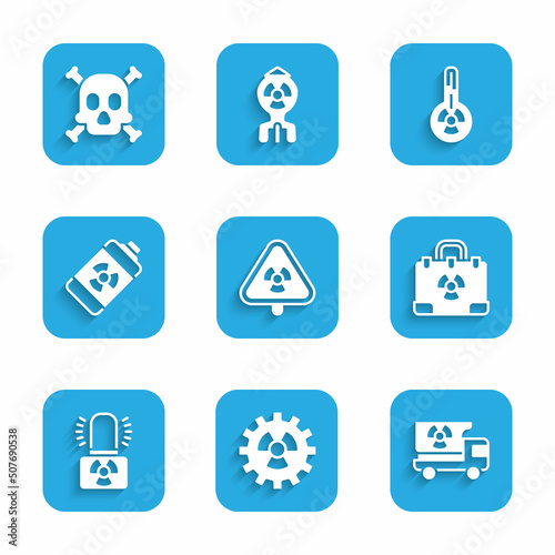 Set Triangle with radiation, Radioactive, Truck materials, Radiation nuclear suitcase, warning lamp, Nuclear energy battery, Meteorology thermometer and Bones and skull icon. Vector