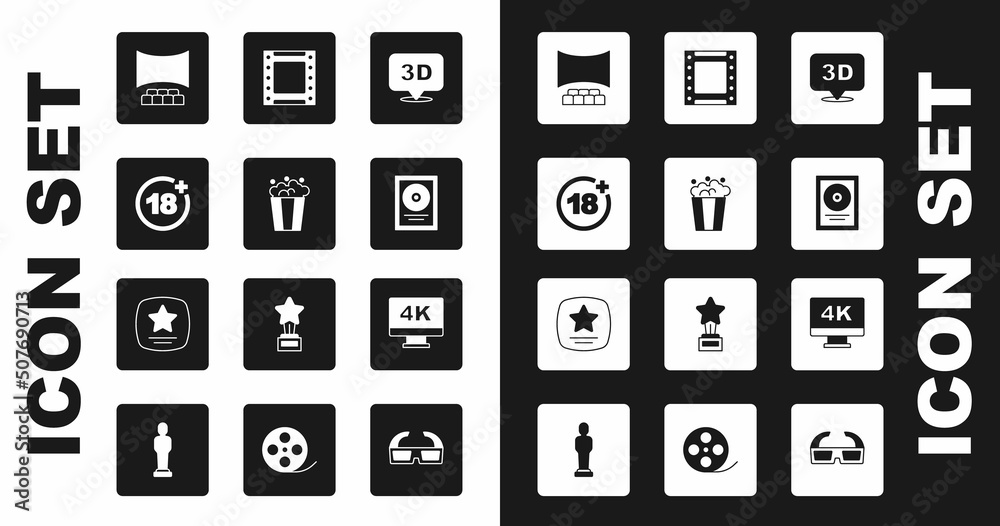 Set 3D word, Popcorn in cardboard box, Plus 18 movie, Cinema auditorium with screen, CD disk award frame, Play video, Screen tv 4k and Walk of fame star icon. Vector Set 3D word, Popcorn in cardboard box, Plus 18 movie, Cinema auditorium with screen, CD disk award frame, Play video, Screen tv 4k and Walk of fame star icon. Vector
