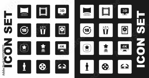 Set 3D word, Popcorn in cardboard box, Plus 18 movie, Cinema auditorium with screen, CD disk award frame, Play video, Screen tv 4k and Walk of fame star icon. Vector