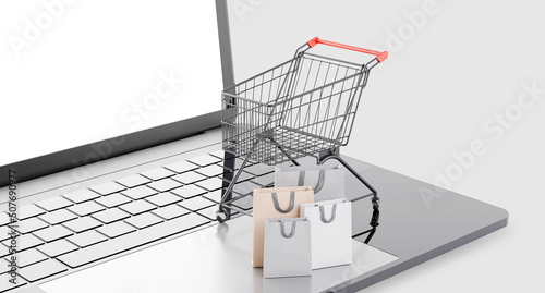 3d render of cart with card board box laptop shopping online concept.