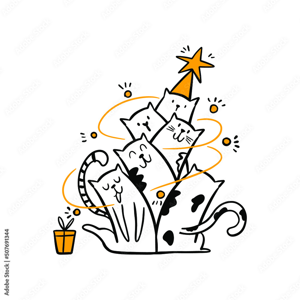Obraz premium Cats Christmas tree. Merry Christmas hand drawn vector illustrat. Sketch happy cats characters celebrate Xmas. Cute scandinavian illustration. Winter holiday greeting card, poster,
