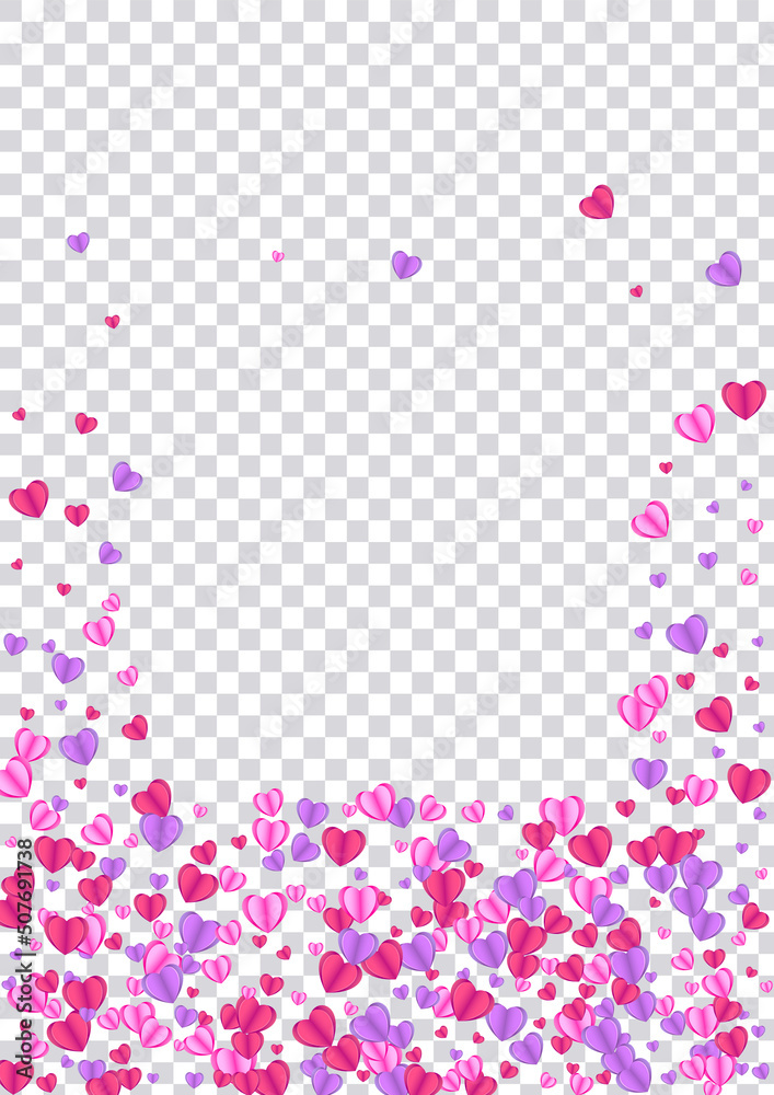 Tender Heart Background Transparent Vector. Color Frame Confetti. Fond Isolated Illustration. Violet Confetti Romantic Backdrop. Red Volume Texture.