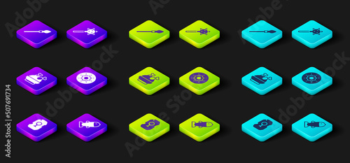 Set Magic rune, Fish, Roasted turkey or chicken, Shield viking, Mace with spikes and Medieval spear icon. Vector