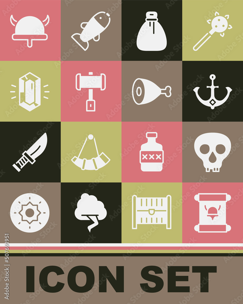 Set Decree, parchment, scroll, Skull, Anchor, Old money bag, Battle hammer, Gem stone, Viking in horned helmet and Chicken leg icon. Vector Set Decree, parchment, scroll, Skull, Anchor, Old money bag, Battle hammer, Gem stone, Viking in horned helmet and Chicken leg icon. Vector