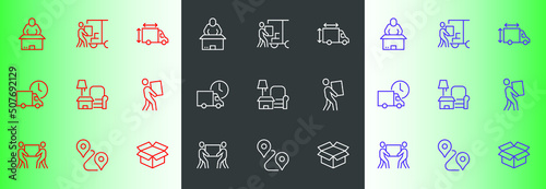Simple Set of Moving Service Related Vector Line Icons. contains Icons moving office, loading things, departure, evacuation, Editable Stroke