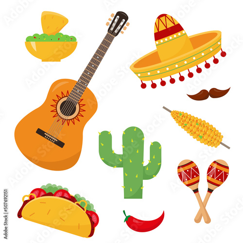 Set of Mexican elements. Sombrero hat, Guitar, Maracas, tacos, nachos with guacamole and corn icons isolated on white background. Carnival, masquerade, party, festive accessories. Vector illustration.