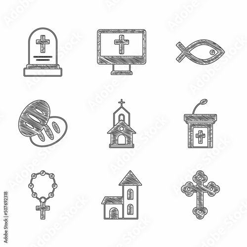 Set Church building, Christian cross, sermon tribune, Rosary beads religion, bread, fish symbol and Grave with tombstone icon. Vector