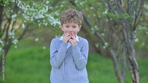 Cute funny child eats a ripe juicy apple on a green garden against the backdrop of flowering trees. Happy little boy eats apple outdoor. healthy diet.