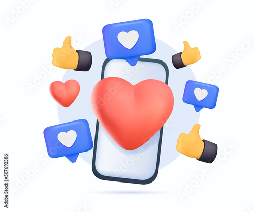 3D social marketing app. Business marketing online advertising banner design. Smartphone like red heart, thumb up