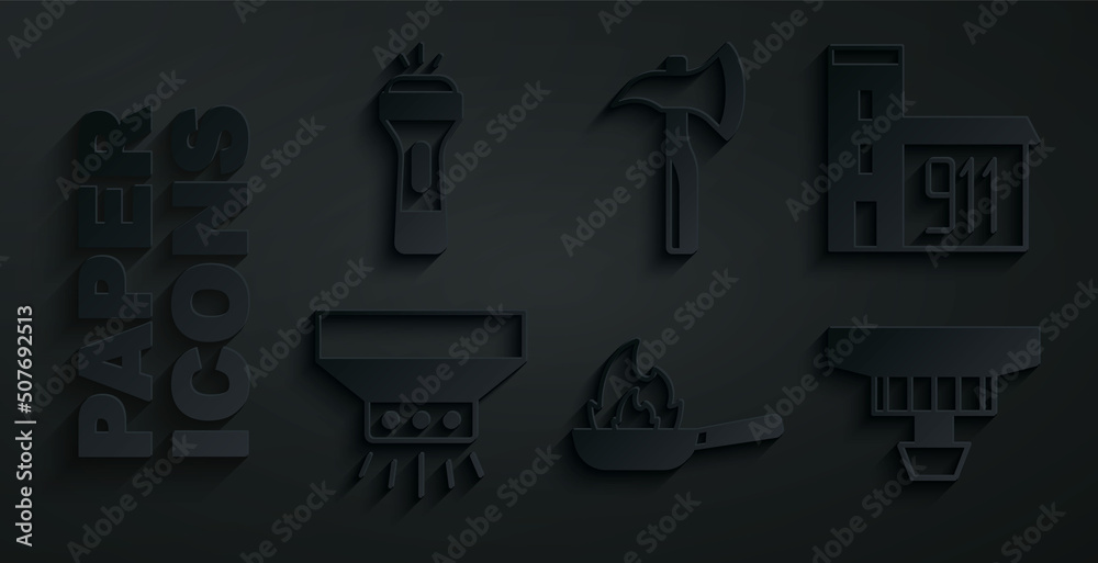 Set Pan with fire, Building of station, Fire sprinkler system, Smoke ...