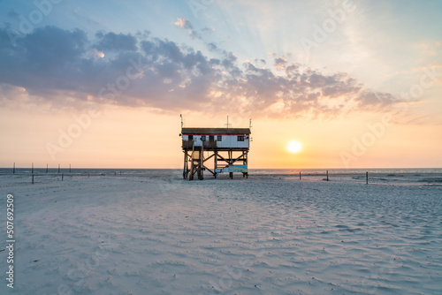 Pfahlbauten (stilt houses) near the North Sea coast, Sankt Peter Ording, Schleswig-Holstein, Germany