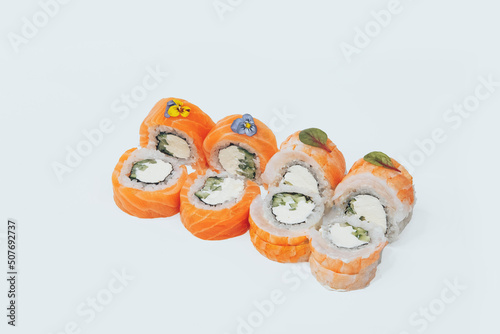 sushi fish rice white background