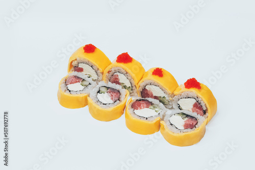 sushi fish rice white background