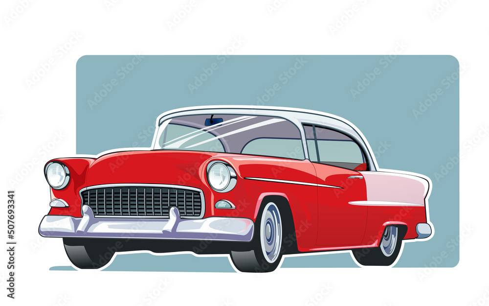 Red retro car, classic automotive. 
