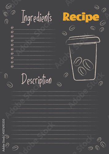 Vector template of the recipe page for printing. Template on a black background for a planner, diary, notebook or organizer, cookbook.