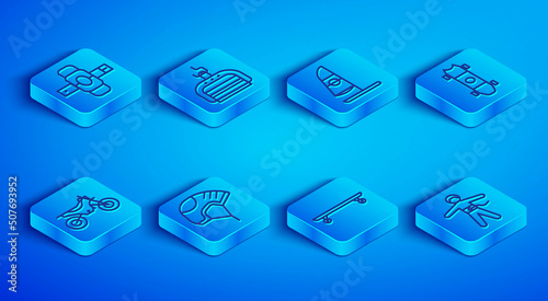 Set line Knee pads, Ski lift, Windsurfing, Helmet, Longboard or skateboard, Mountain bike and Bungee jumping icon. Vector