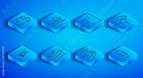 Set line Ambulance and emergency car, Snowmobile, Landslide, Jet ski, Helmet, Hang glider and Surfboard icon. Vector
