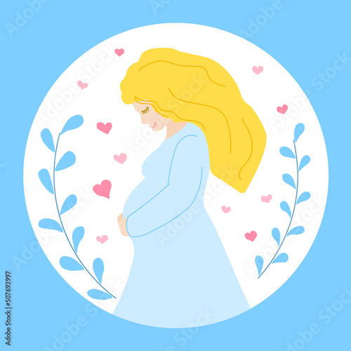 A pregnant woman, a future mother, hugs her belly with her hands. Flat vector illustration