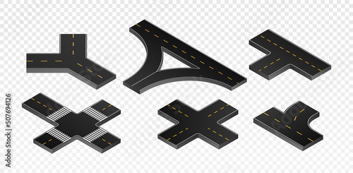 Isometric road intersections set. Collection of road junctions for paintings with city or town. Traffic and transport. Cartoon isometric vector illustrations isolated on transparent background