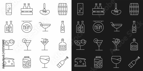 Set line Opened bottle of wine, Alcohol drink Rum, Beer, Pickled cucumber on a fork, Street signboard with Bar, Bottles, Effervescent tablets water and Cocktail icon. Vector