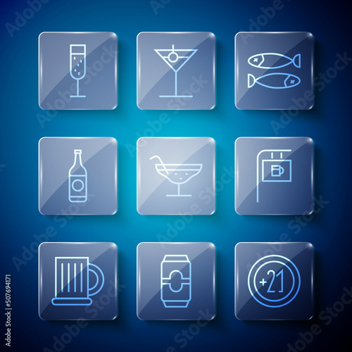 Set line Wooden beer mug, Beer can, Alcohol 21 plus, Dried fish, Cocktail, bottle, Glass of champagne and Street signboard with Bar icon. Vector