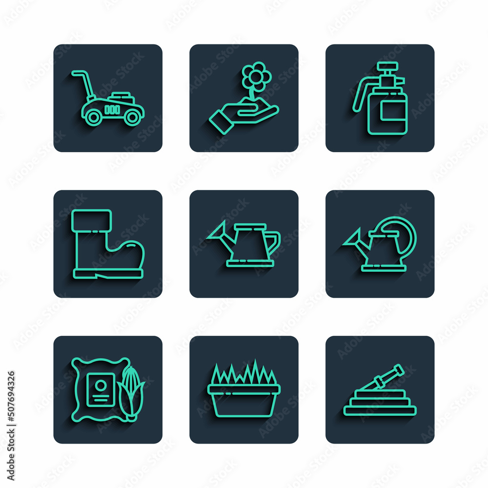 Set line Corn in the sack, Fresh grass rectangular, Garden hose fire hose, sprayer for fertilizer, Watering can, Waterproof rubber boot, Lawn mower and icon. Vector Set line Corn in the sack, Fresh grass rectangular, Garden hose fire hose, sprayer for fertilizer, Watering can, Waterproof rubber boot, Lawn mower and icon. Vector