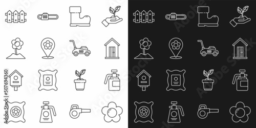 Set line Flower, Garden sprayer for fertilizer, Farm house, Waterproof rubber boot, Location with flower, fence wooden and Lawn mower icon. Vector
