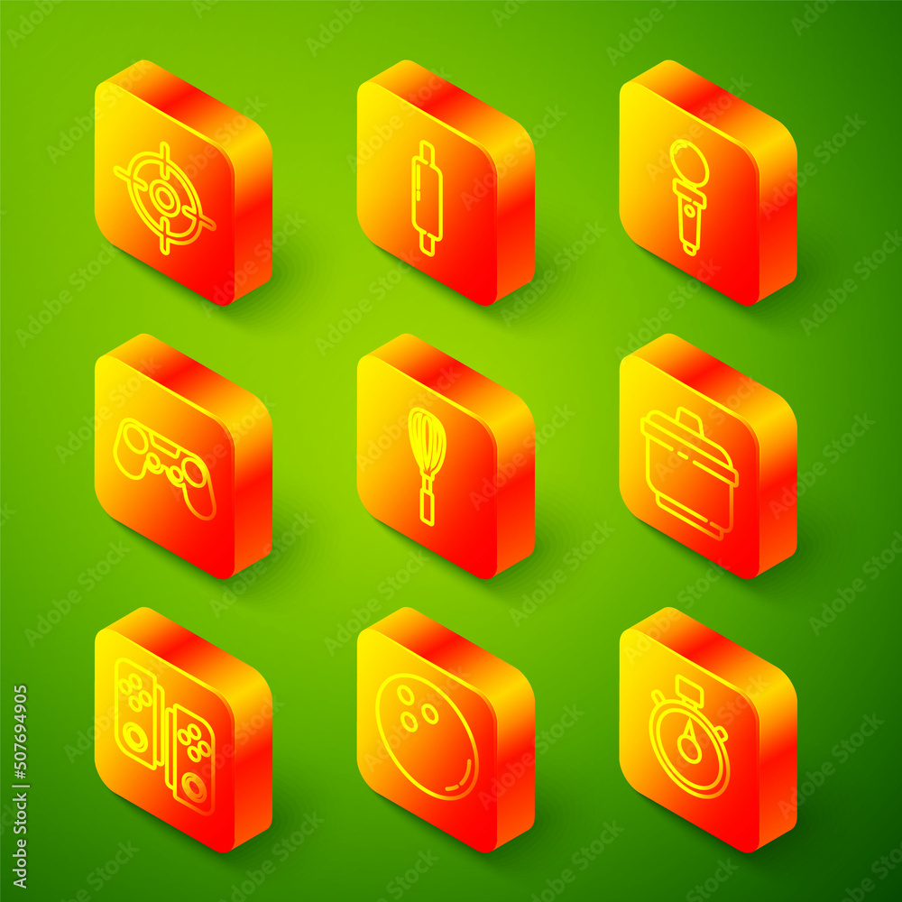 Set line Target sport, Rolling pin, Joystick for arcade machine, Gamepad, Kitchen whisk, Cooking pot, and Bowling ball icon. Vector Set line Target sport, Rolling pin, Joystick for arcade machine, Gamepad, Kitchen whisk, Cooking pot, and Bowling ball icon. Vector