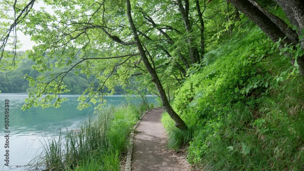 Walking on a Footpath in Plitvice Lakes National Park. Turquoise Lake and Green Trees on a Sunny Day in Spring. Walking on a Footpath in Plitvice Lakes National Park. Turquoise Lake and Green Trees on a Sunny Day in Spring.