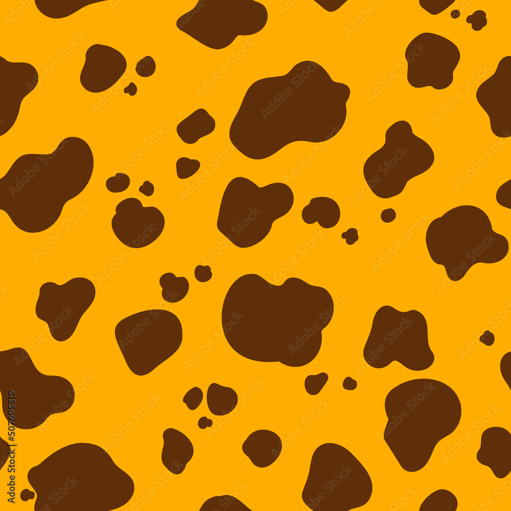 Fototapeta premium Patterned texture of variegated giraffe fur or variegated cowhide. Seamless pattern of brown random spots. Texture banner. Imitation of coloring of animal skins. Vector illustration
