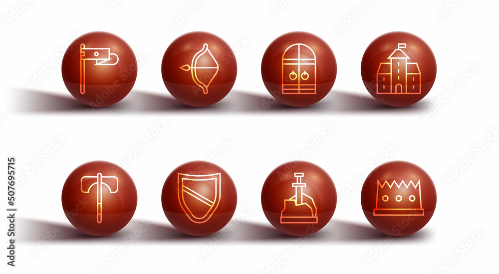 Set line Medieval flag, axe, Castle, fortress, Sword in the stone, Shield, bow and arrow, King crown and castle gate icon. Vector Set line Medieval flag, axe, Castle, fortress, Sword in the stone, Shield, bow and arrow, King crown and castle gate icon. Vector