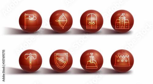Set line Medieval flag, axe, Castle, fortress, Sword in the stone, Shield, bow and arrow, King crown and castle gate icon. Vector