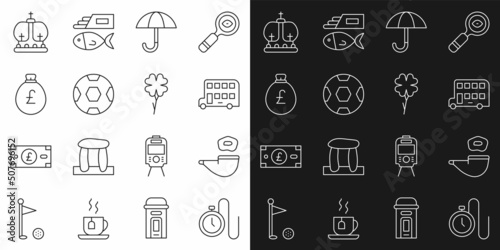 Set line Watch with a chain, Smoking pipe, Double decker bus, Umbrella, Football ball, Money bag pound, British crown and Four leaf clover icon. Vector