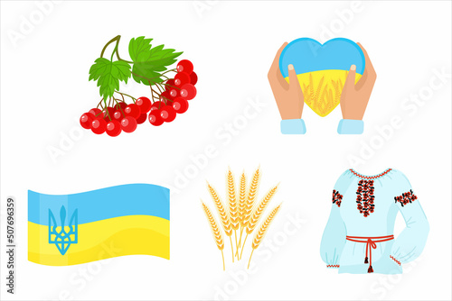 Set Ukrainian symbols. Vyshyvanka, viburnum, arms with heart, national flag of Ukraine, ears of wheat. Vector.