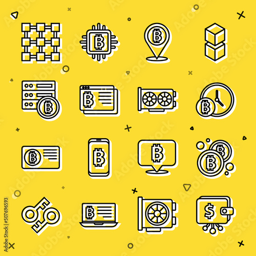 Set line Cryptocurrency wallet, Bitcoin, with clock, browser, Server bitcoin, Blockchain technology and Video graphic card icon. Vector