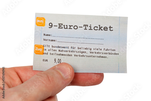 9-Euro-Ticket 9 Euro Ticket Symbolbild freigestellt auf einem weissen Hintergrund in Stuttgart, Deutschland photo