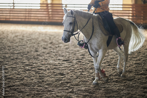 rider trains in riding a gray horse in the arena, cropped image