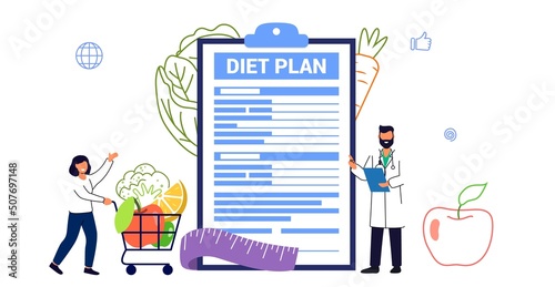 Nutritionist concept Diet plan Weight loss program Online medical consultation Healthcare Nutrition therapy Healthy food and physical activity Vector illustration flat Checklist Doctor planning diet