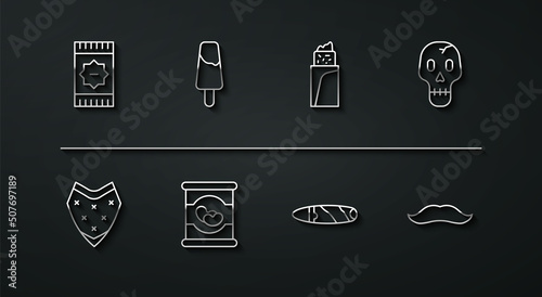 Set line Mexican carpet, Poncho, Skull, Cigar, Beans in, Popsicle ice cream, Mustache and Burrito icon. Vector