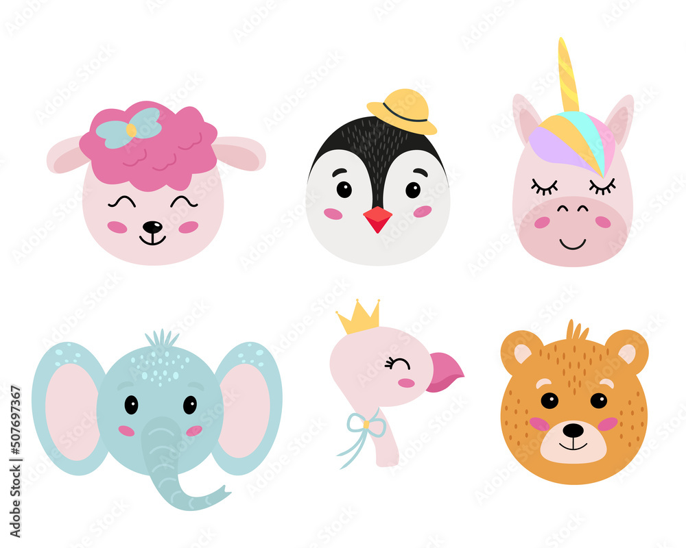 Isolated set with cute animals in Scandinavian style. Cartoon animals. Ideal kids design, for fabric, wrapping, textile, wallpaper, apparel Isolated set with cute animals in Scandinavian style. Cartoon animals. Ideal kids design, for fabric, wrapping, textile, wallpaper, apparel