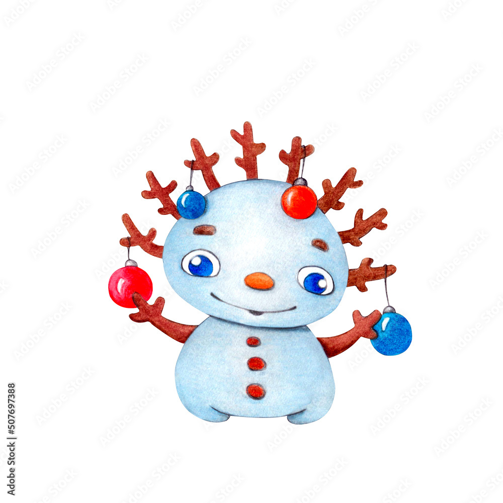Cute smiling snowman with Christmas balls. New Year cartoon character. Watercolor illustration isolated on a white background.