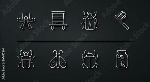 Set line Mosquito, Stink bug, Butterfly net, Mite, Hive for bees, Fireflies bugs a jar and Beetle icon. Vector