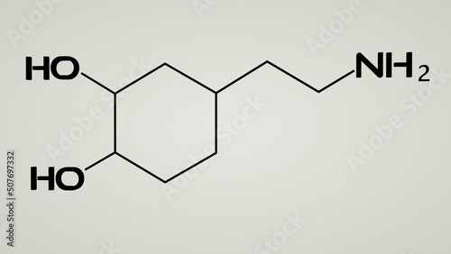 Dopamine formula structure isolated on background. 3d render. Neuritransmitter of pleasure. photo