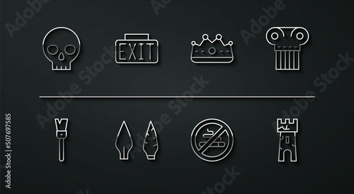 Set line Human skull, Paint brush, Ancient column, No Smoking, Stone age arrow head, Exit sign, Castle tower and King crown icon. Vector